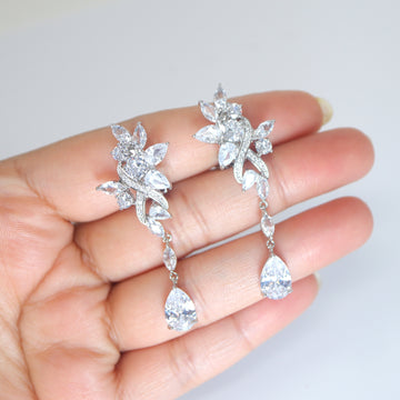 Swarovski Whimsical Garden Blooms: Clip-On Floral Earrings with Swinging Drops, Crystal Bridal Earrings, Statement Earrings Cz